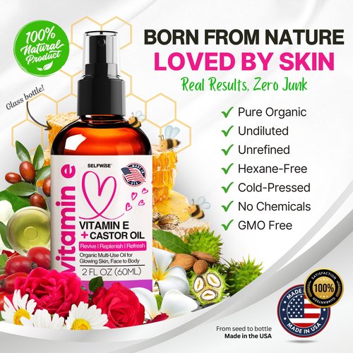 Organic Vitamin E Oil for Scars, Stretch Marks Removal, Wrinkles & Cellulite - Scar Away Treatment Bio Oil with Castor, Rosehip, Jojoba, Almond - Hydrating & Moisturizing Skincare - Face & Body Oil