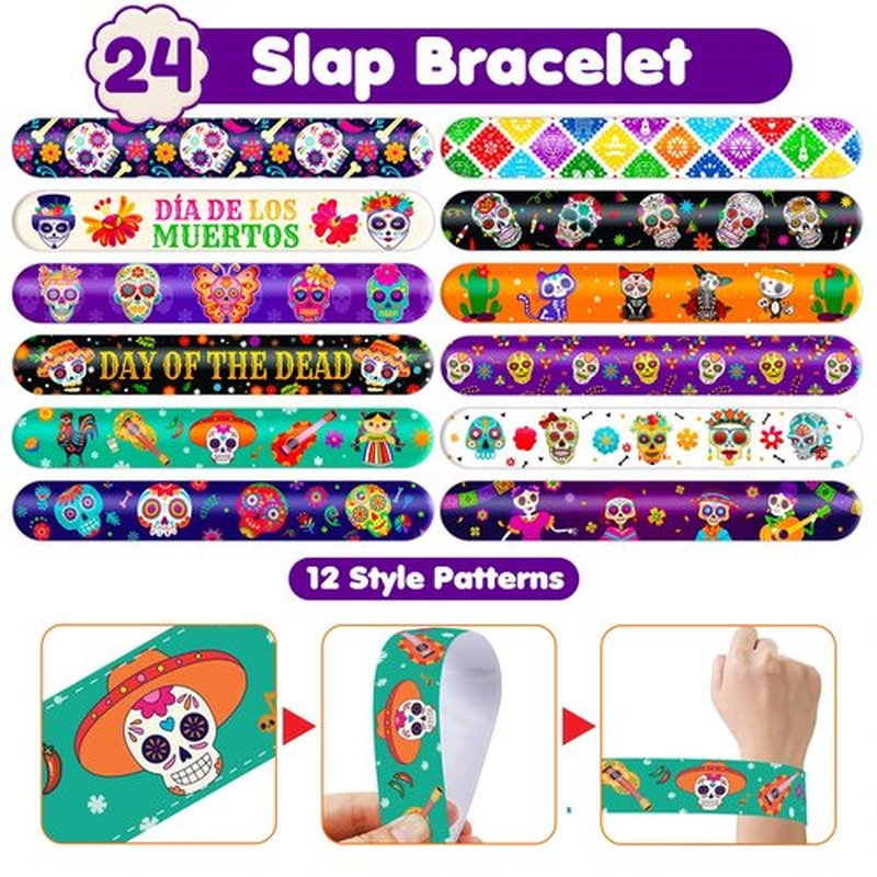 Cherisnowy 72PCS Day of the Dead Party Set | 48PCS Temporary Tattoos & 24PCS Slap Bracelets Fun Día de los Muertos Birthday Supplies, Baby Shower Gifts, Classroom Rewards & Party Decor for Kids