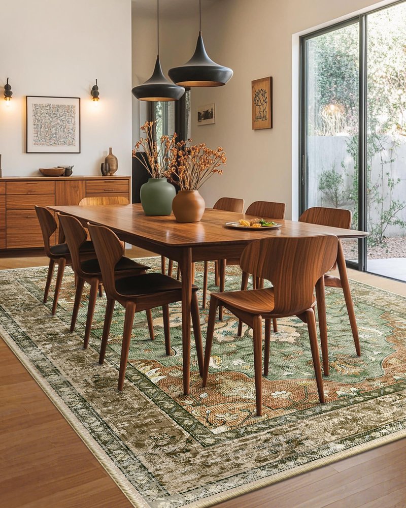 RELEANY Area Rugs 8'x10' Washable Non-Slip, Floral Vintage Distress Medallion Carpet for Living Room Bedroom Dining Room, Terracotta Burnt Orange Green