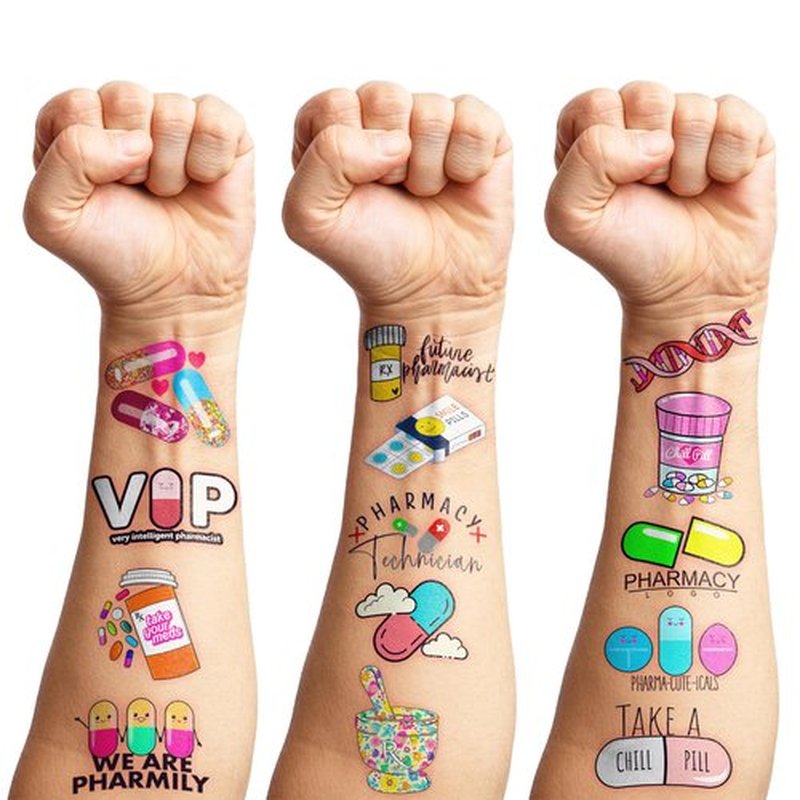 96PCS Funny Future Pharmacy Temporary Tattoos Happy Birthday Party Decorations Supplies Favors Decor Doctor Nurse Pharmacist Tattoo Stickers Gifts For Graduation Kids Adults Boys Girls Prizes Carnival