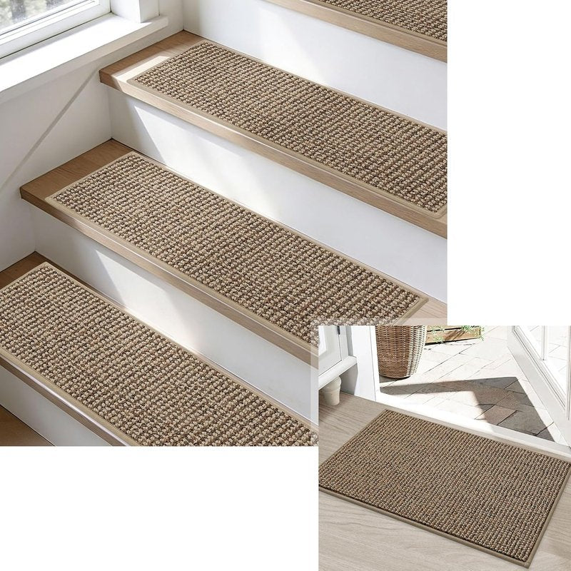 BEQHAUSE Indoor Door Mat & Stair Treads - Non-Slip, Stain-Resistant, Washable | 20"x32" & 15 Pcs, Taupe