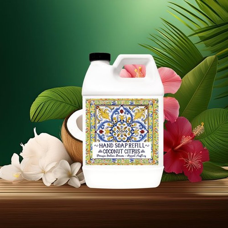 Home & Body Company Perugia Italian Deruta Hand Soap Refill Set, White Jasmine and Coconut Citrus Scents, 64 Fl Oz Bottles, 2-Pack