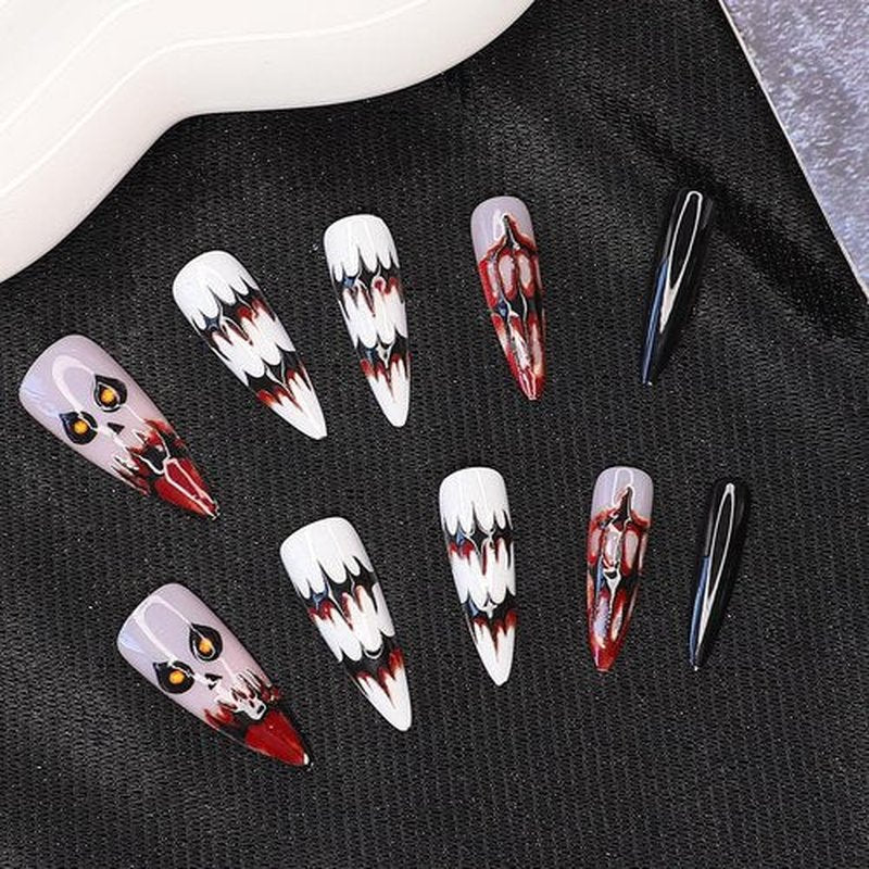 6 Packs 144Pcs Halloween Acrylic Press on Nails Kit, Reusable Full Cover Fake Nails, Stick on Glue on False Nails for Women & Girls