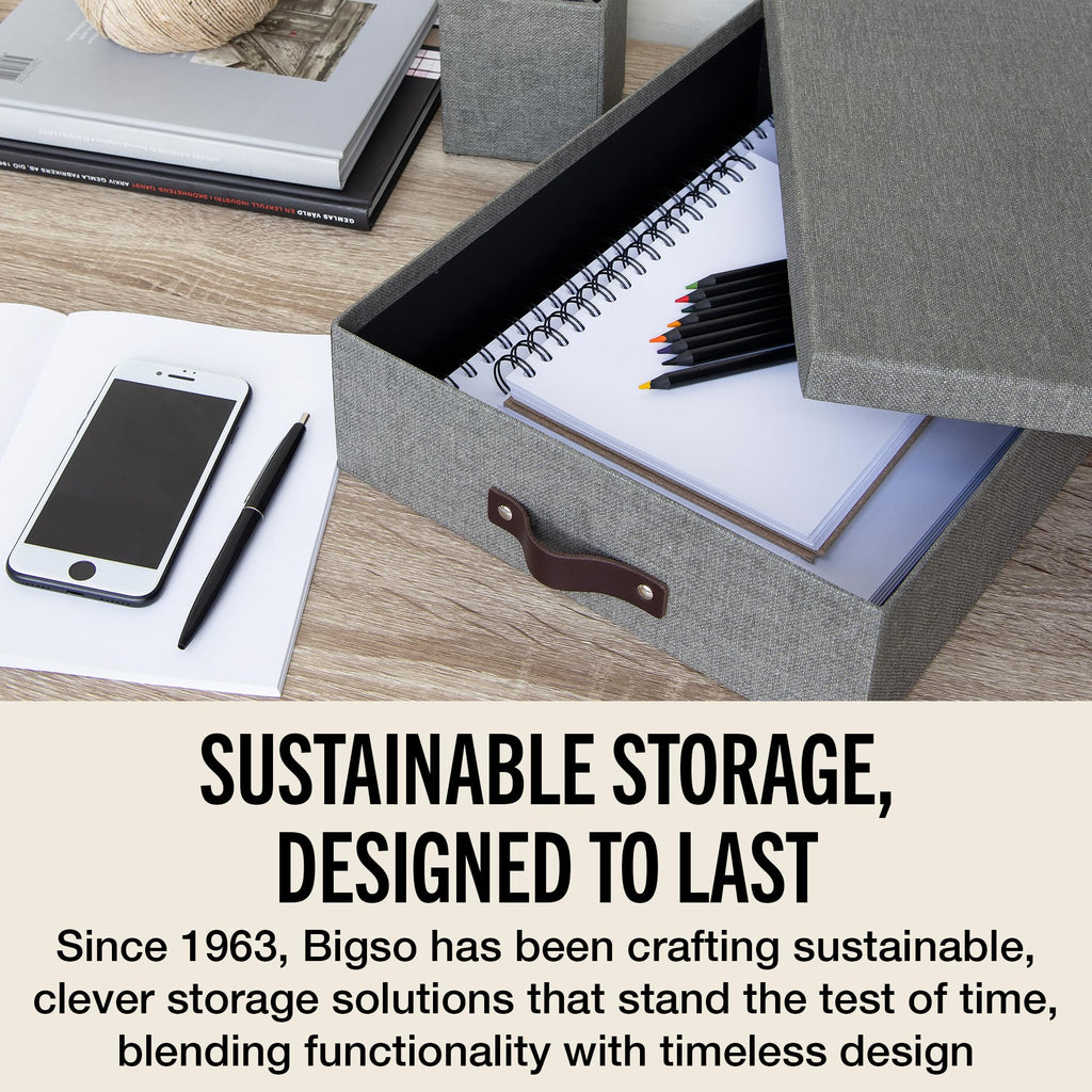 Bigso Oskar Canvas Fiberboard Document Letter Box - File Organizer Box for Important Paperwork - Document Storage with a Lid & Leather Handle - 3.3 in x 10.2 in x 13.8 in - Gray
