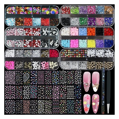 ESUOHYM Nail Charms Kit with 30 Sheets Flower Nail Stickers,Colorful Heart Flower Bow 3d Nail Rhinestones And Gems,Nail Pearls Jewels,Tweezer and Wax Pen,Nail Art Tools for DIY Nail Design