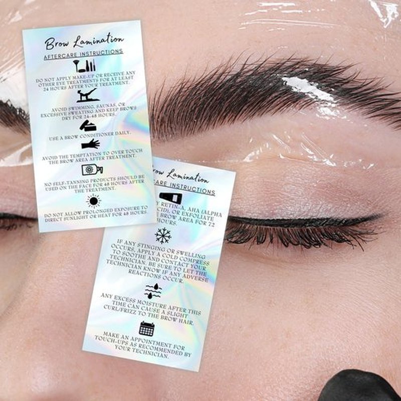 Brow Lamination Aftercare Cards | 50 Pack | 2x3.5” inches Business Card Size | Starter Lift Kit At Home DIY Brow Lift and Tint | Snatched Brows Non Reflect Matte Rainbow Holographic Look Design