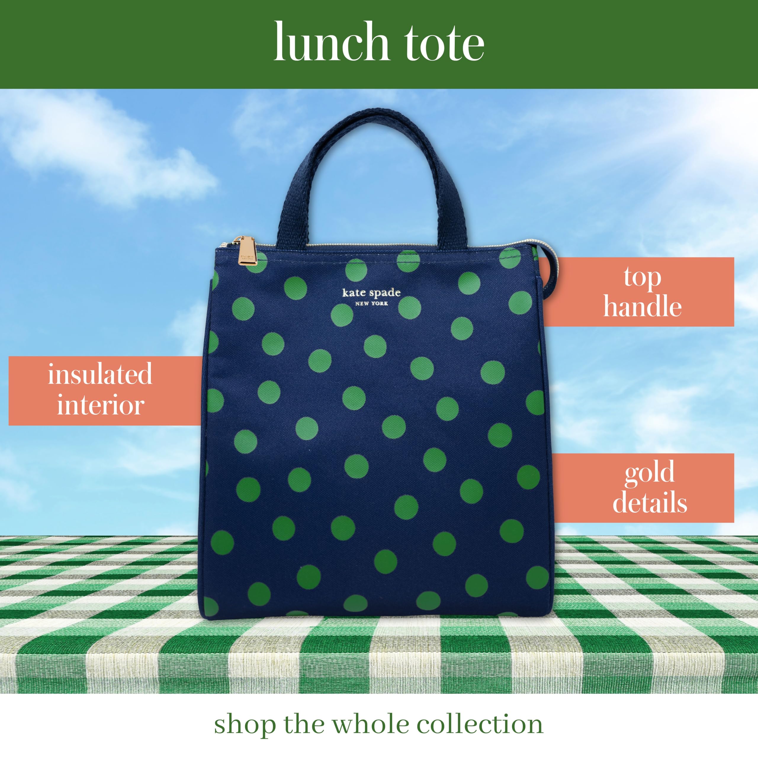 kate spade new york Portable Soft Cooler Lunch Bag, Thermal Tote with Insulated Interior Lining and Storage Pocket, Lunch Tote for Women, Sonnet Dot