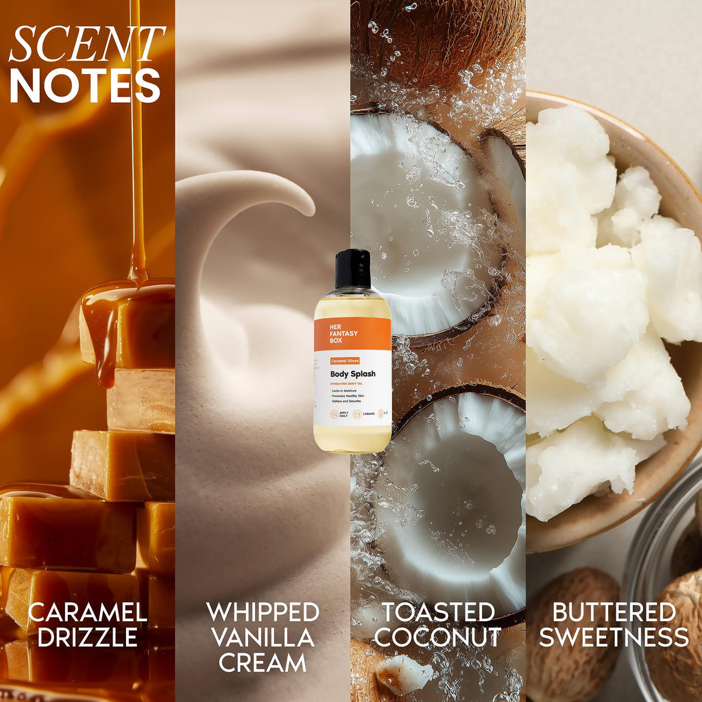 Her Fantasy Box | Body Splash Caramel Glaze Fragrance Oil – Warm Caramel & Vanilla Gourmand Scent, Lightweight Hydrating Body Oil, Vegan & Cruelty Free