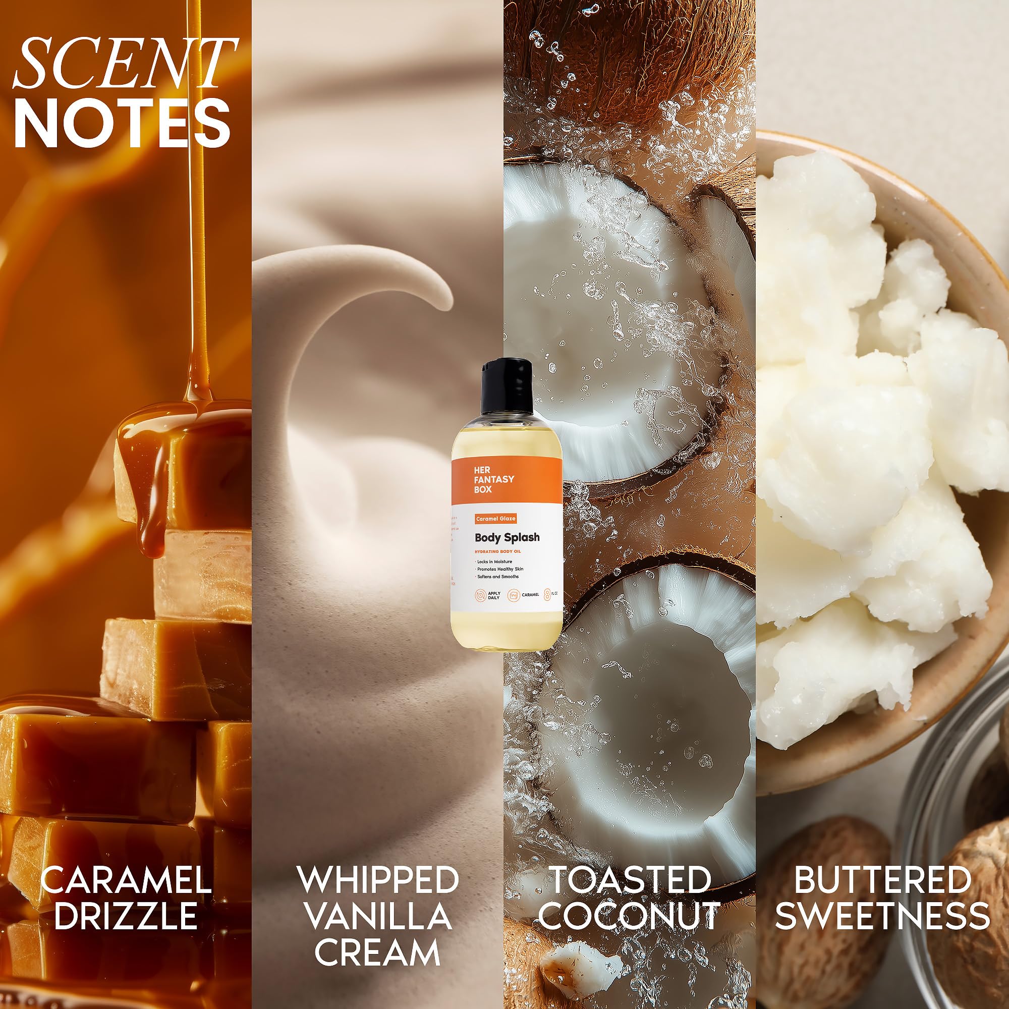 Her Fantasy Box | Body Splash Caramel Glaze Fragrance Oil – Warm Caramel & Vanilla Gourmand Scent, Lightweight Hydrating Body Oil, Vegan & Cruelty Free