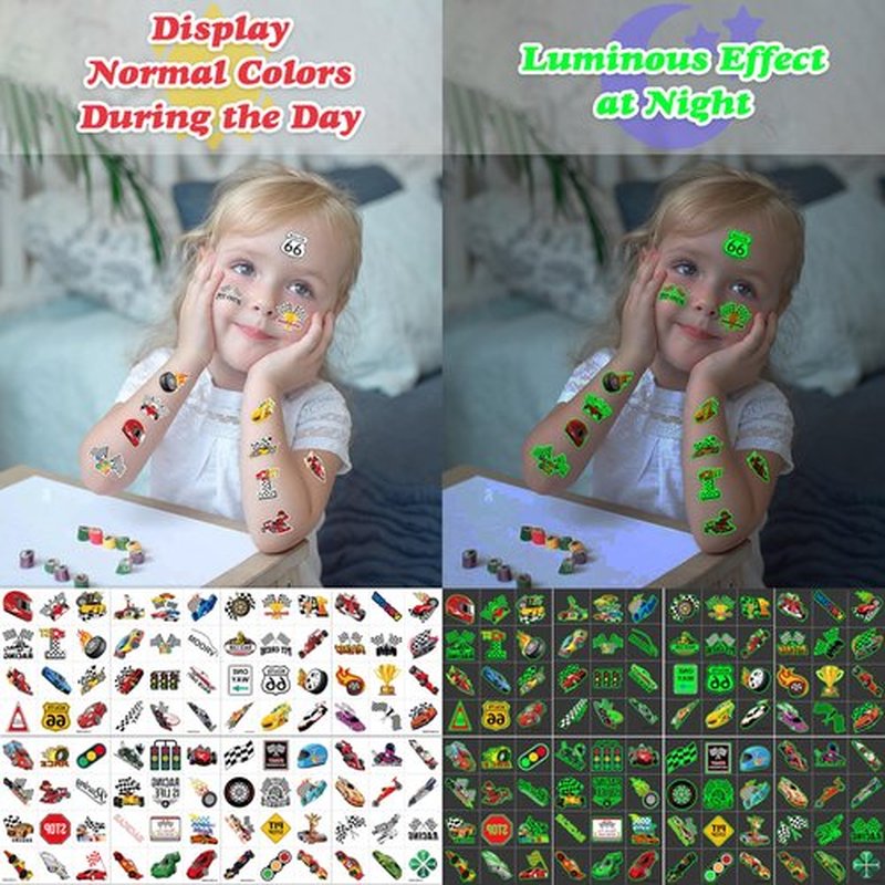 96 PCS Race Car Glow In The Dark Pre-Cut Temporary Tattoos Sticker Racing Checkered Flag Birthday Party Decorations Favors Supplies Gifts Boys Girls Cute Fake Tattoo School Prizes Theme (Luminous)