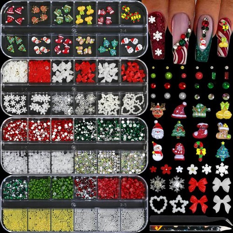 Christmas Nail Charms - 3D Bow Nail Charms, Pearls, Red & Green Nail Rhinestones, Santa, Snowman, White Snowflake, Metal Caviar Beads, with Kit, for Nail Art, Gift