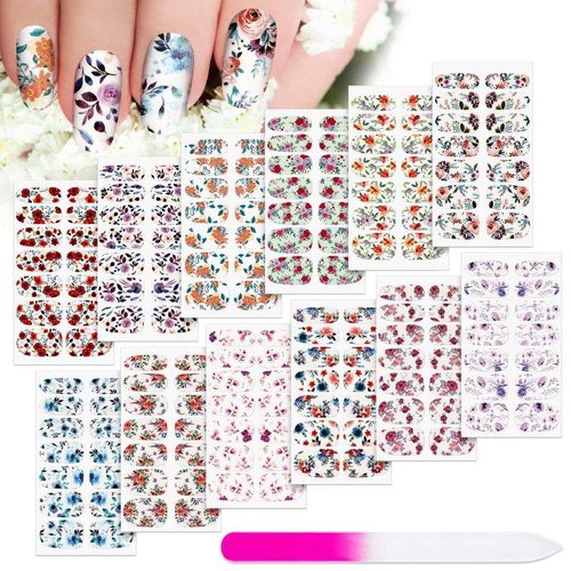 168 Pcs 12 Sheets Full Wraps Nail Polish Stickers Flower Print Self-Adhesive Nail Decal Strips with File Manicure Kits Colorful Flower Full Cover Decal Strips for Women DIY Decoration(Bright Style)