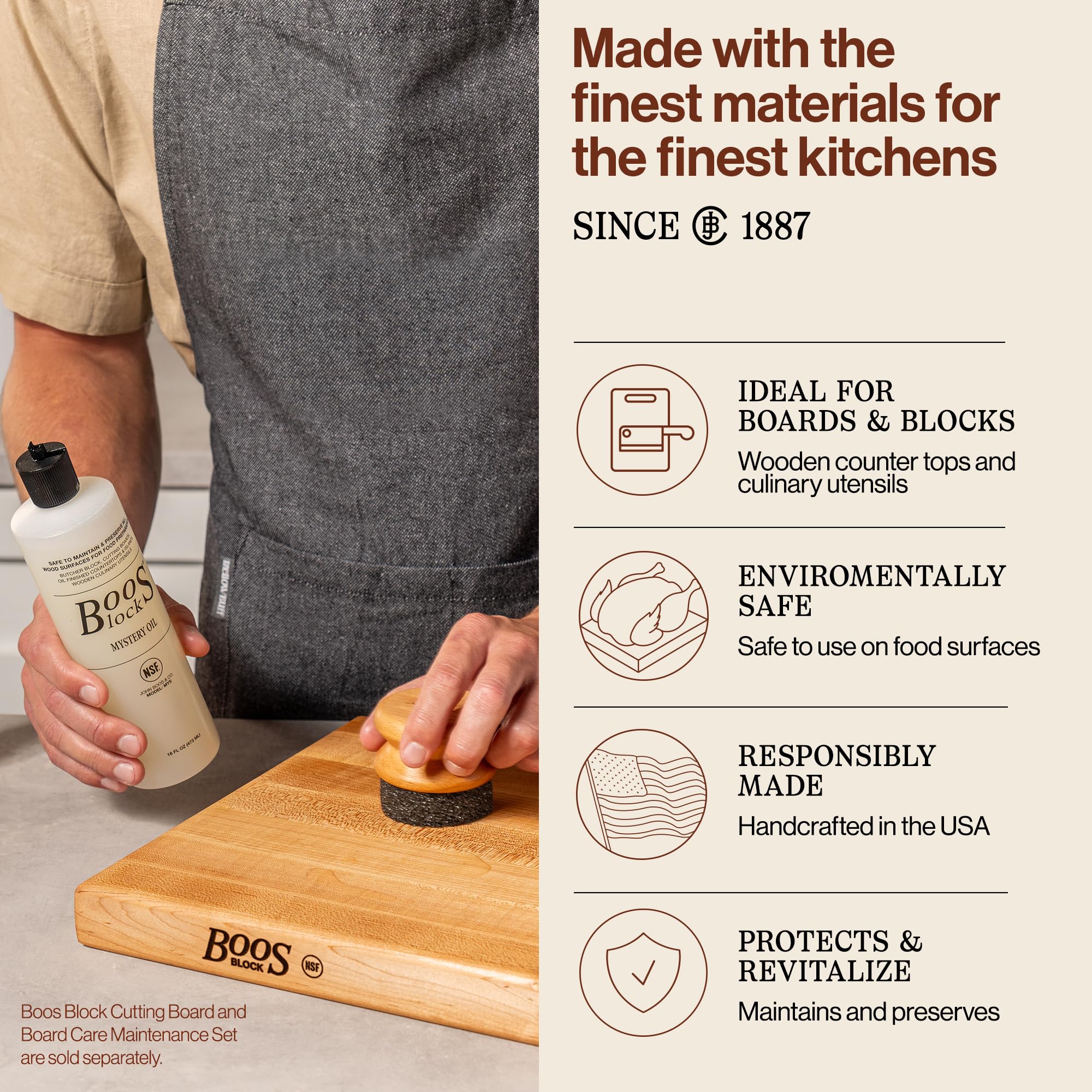 John Boos 2-Piece Care Set, 16 oz Mystery Oil & Round Beechwood Applicator - All-Natural Maintenance Formula for Butcher Blocks, Cutting Boards, Wooden Countertops & Wood Utensils