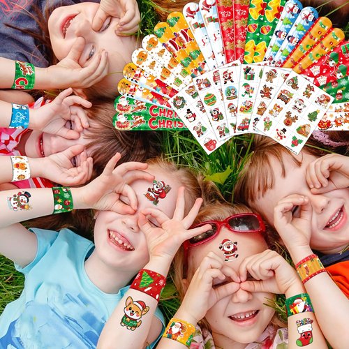 Cherisnowy Christmas Party Set (144PCS) | 72 Temporary Tattoos & 72 Slap Bracelets | Fantasy Merry Xmas Party Favors, Stocking Stuffers, Classroom Gifts & Holiday Decorations for Kids