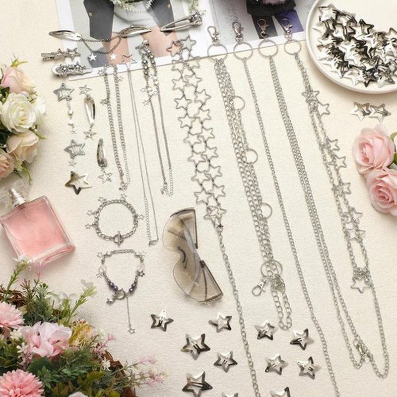 Fourluoo 60 Pcs Y2k Accessories Set Included Y2k Choker Bracelet Ring Sunglasses Hair Clips Chain Belt 2000s Accessories Set (Gradient Silver, Silver)