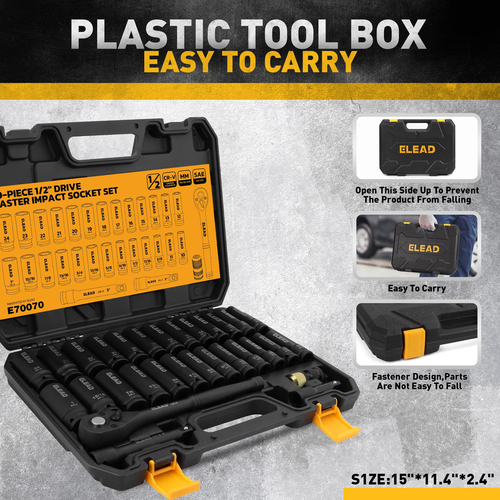 ELEAD 1/2" Drive Deep Impact Socket Set: 30-Piece Standard SAE (3/8 to 1 Inch) and Metric (10-24mm) Size, 3" and 5" Drive Extension Bar, Ratchet Handle, Bit Adapter, CR-V Steel for Auto Repair