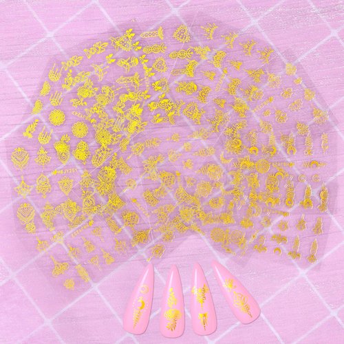 KISSBUTY 24 Pcs Universe Nail Art Sticker - Gold Flowers, Stars, Moon Constellation Decals