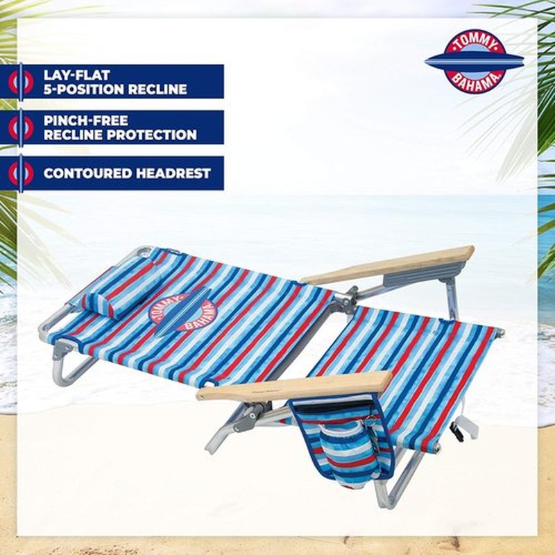Tommy Bahama Folding Beach Chair - 5-Position Classic Lay Flat Design | Aluminum, Red, White & Blue Stripe