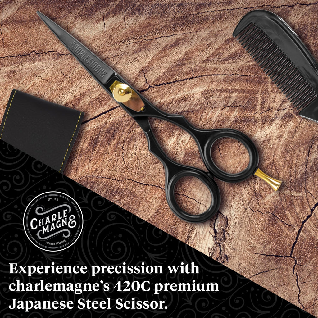 Charlemagne Hand-Forged Japanese Steel Beard & Mustache Scissors - Stainless Steel, 5.5 in - Precision Beard Trimming - Nose Hair Scissors - Fits Mustache Kit & Grooming Kit