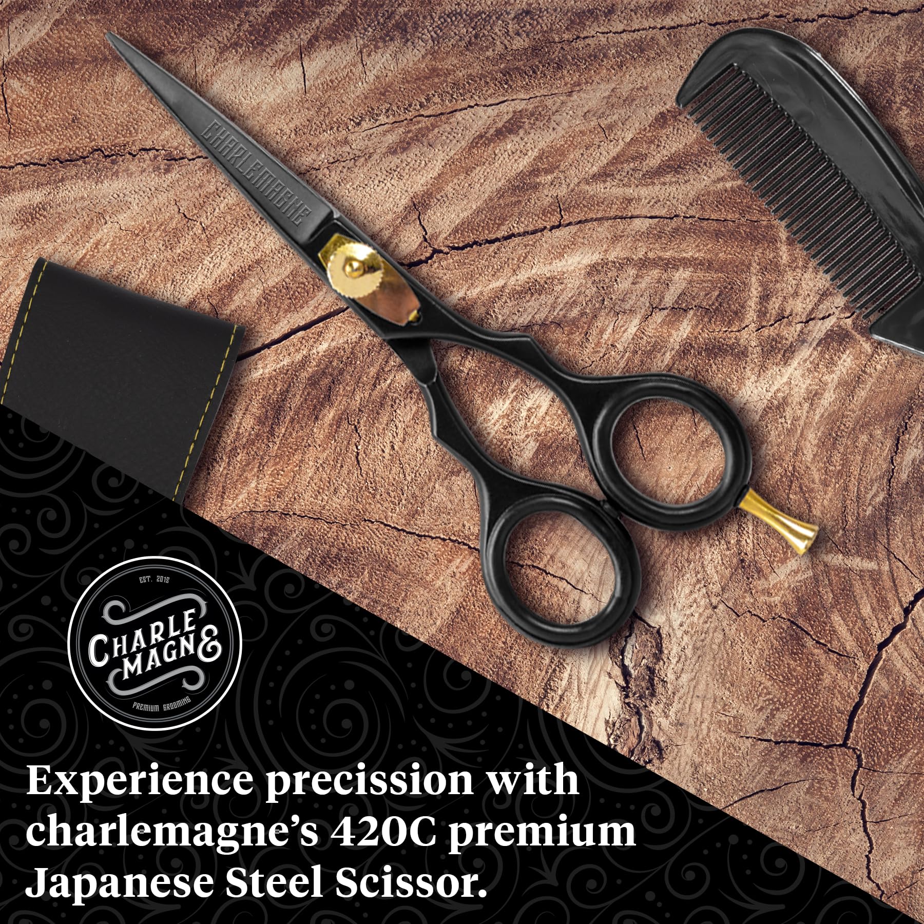 Charlemagne Hand-Forged Japanese Steel Beard & Mustache Scissors - Stainless Steel, 5.5 in - Precision Beard Trimming - Nose Hair Scissors - Fits Mustache Kit & Grooming Kit