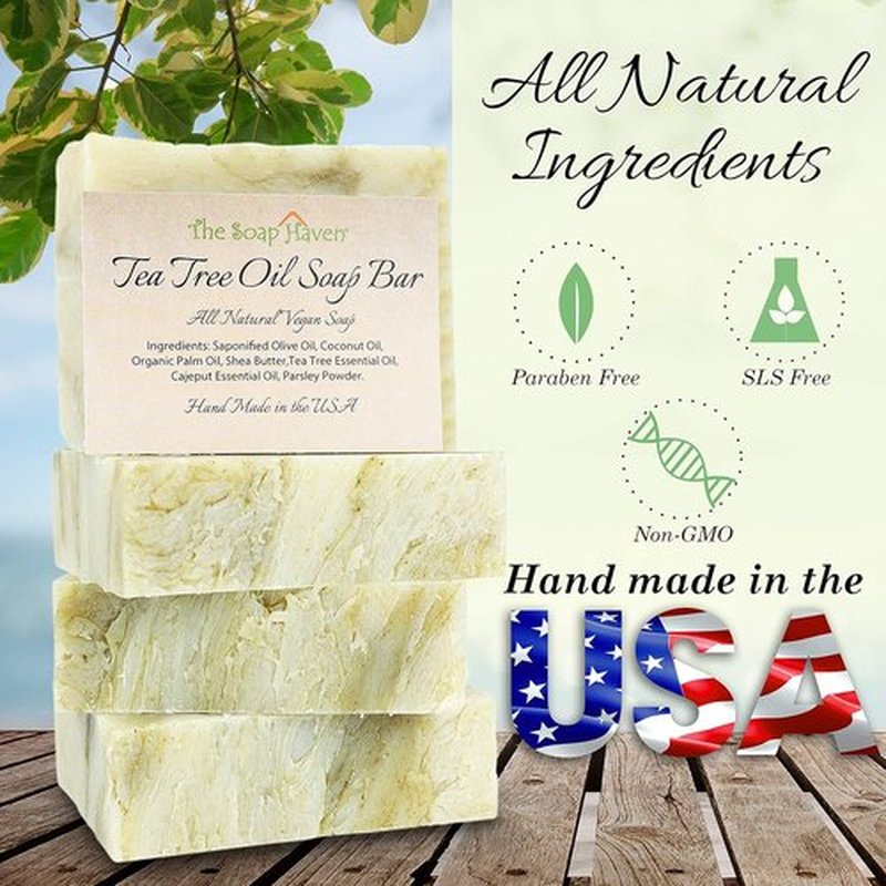 Tea Tree Soap Bar - Natural Tea Tree Oil Soap for Face, Hands, and Body - Fights Blemishes & Odor | 4 Large 4.5 oz Bars, Handmade in USA