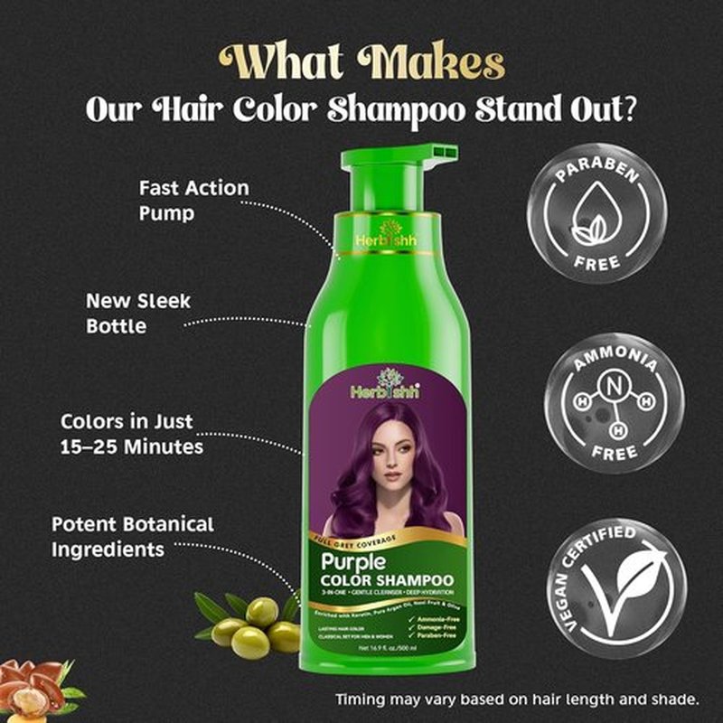 Herbishh Magic Hair Dye Shampoo - Color Gray Hair in Minutes - Long-Lasting Ammonia-Free Treatment (500ml, Purple)