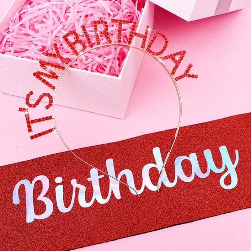 BAHABY It's My Birthday Princess Sash Set - Red Headband, Tiara & Accessories for Women Girls Happy Party