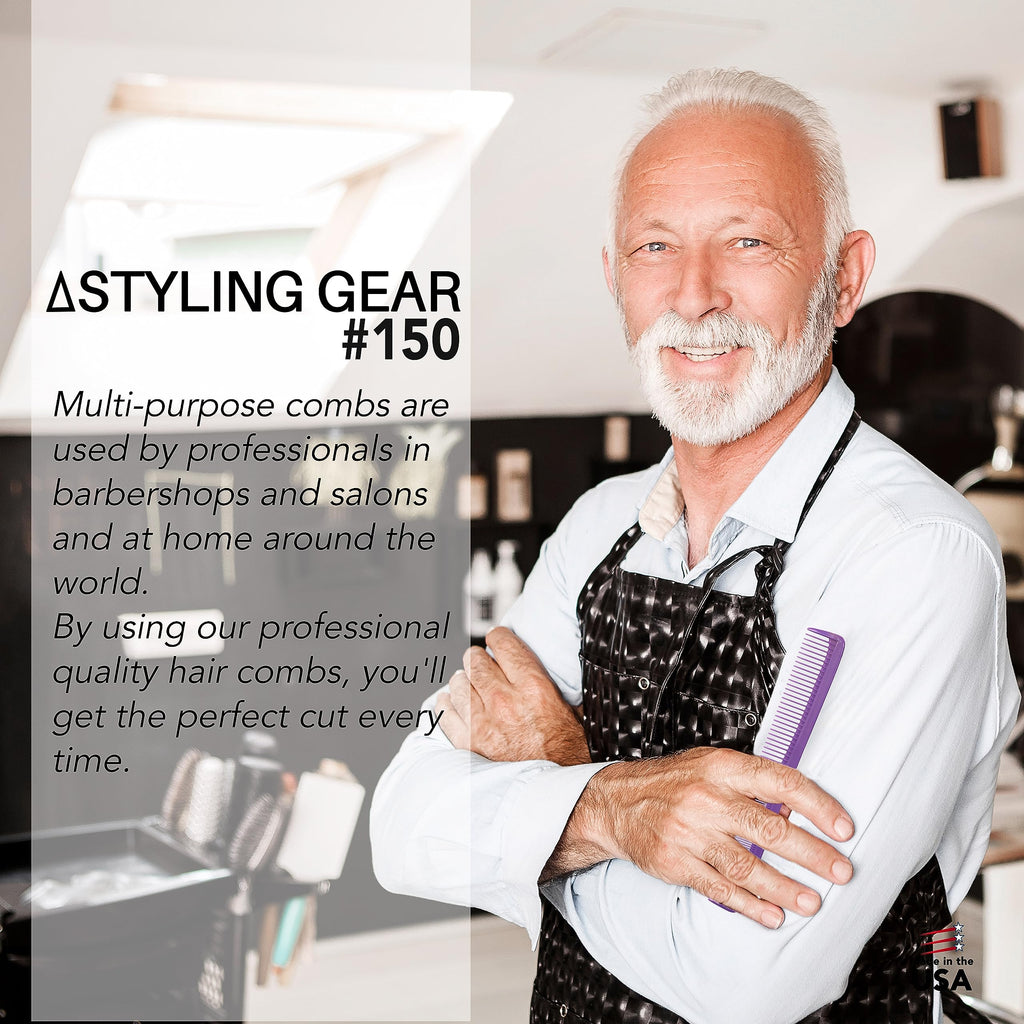Styling Gear #150 Comb Set Of 3 Barber Cutting, Men's And Women's Pocket Combs For Hairstyling, Beard, And Mustache Grooming. Made In The USA. (Purple)
