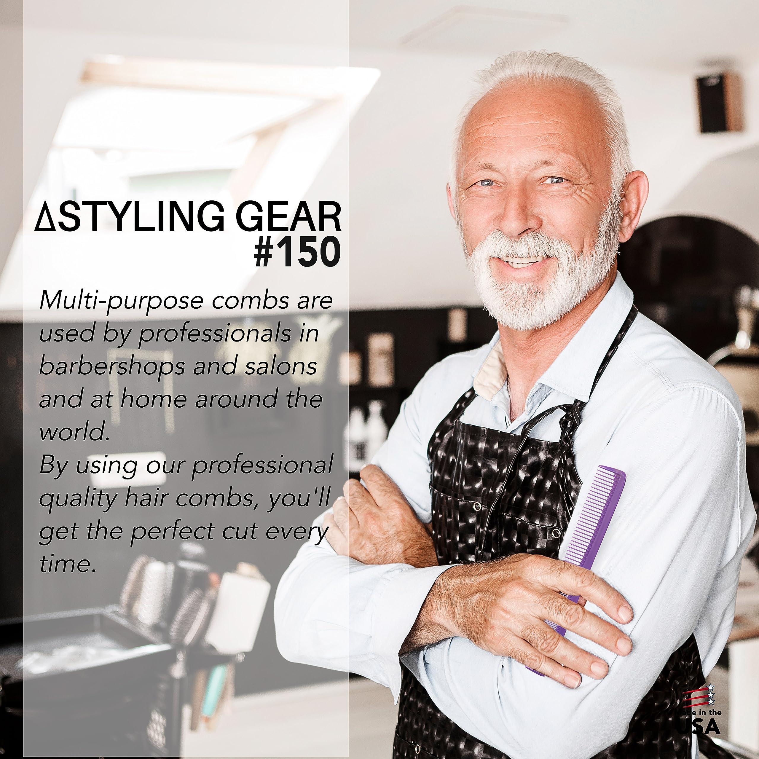 Styling Gear #150 Comb Set Of 3 Barber Cutting, Men's And Women's Pocket Combs For Hairstyling, Beard, And Mustache Grooming. Made In The USA. (Purple)