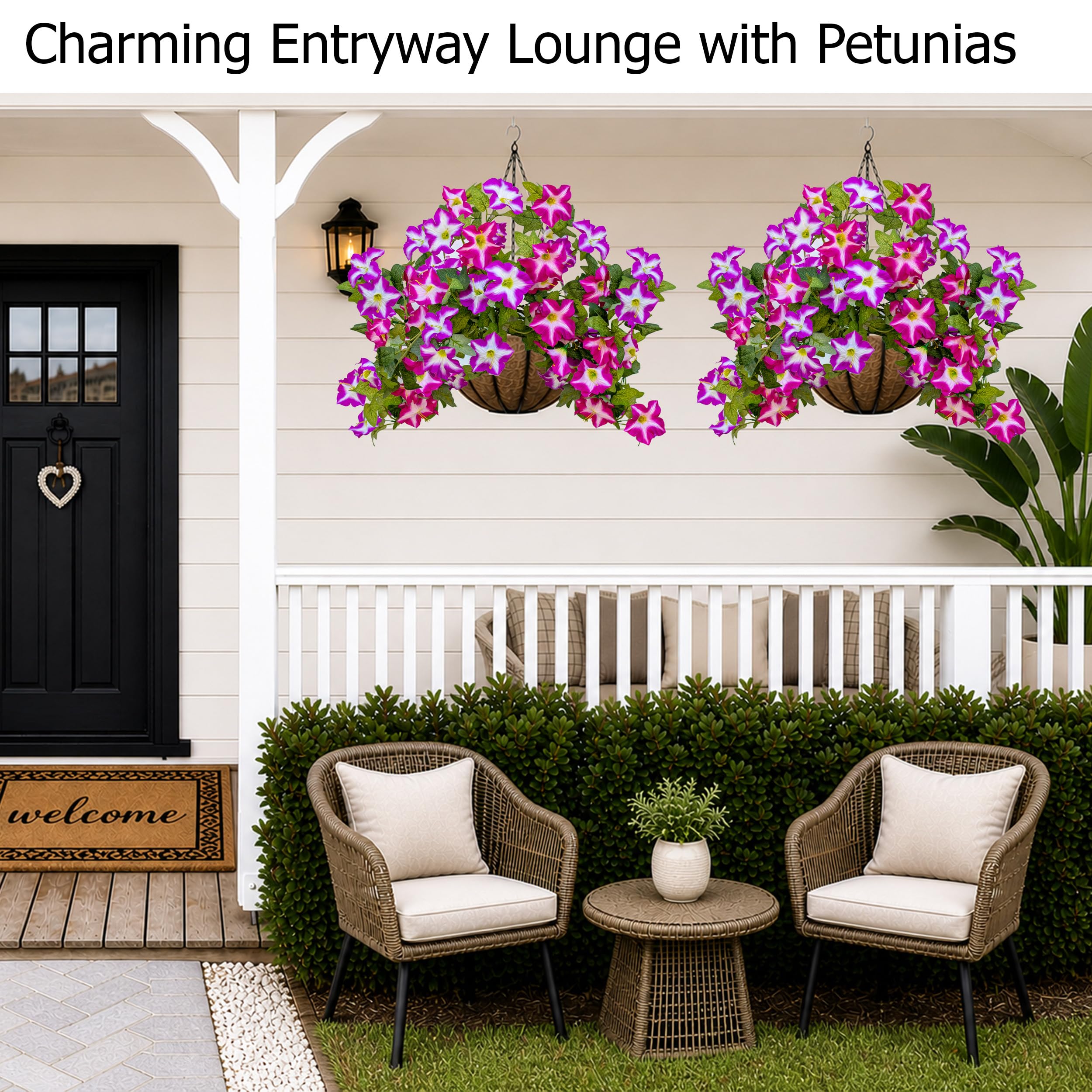 AXYLEX Artificial Petunias Outdoor, 2PCS Faux Hanging Flowers (Fuchsia)