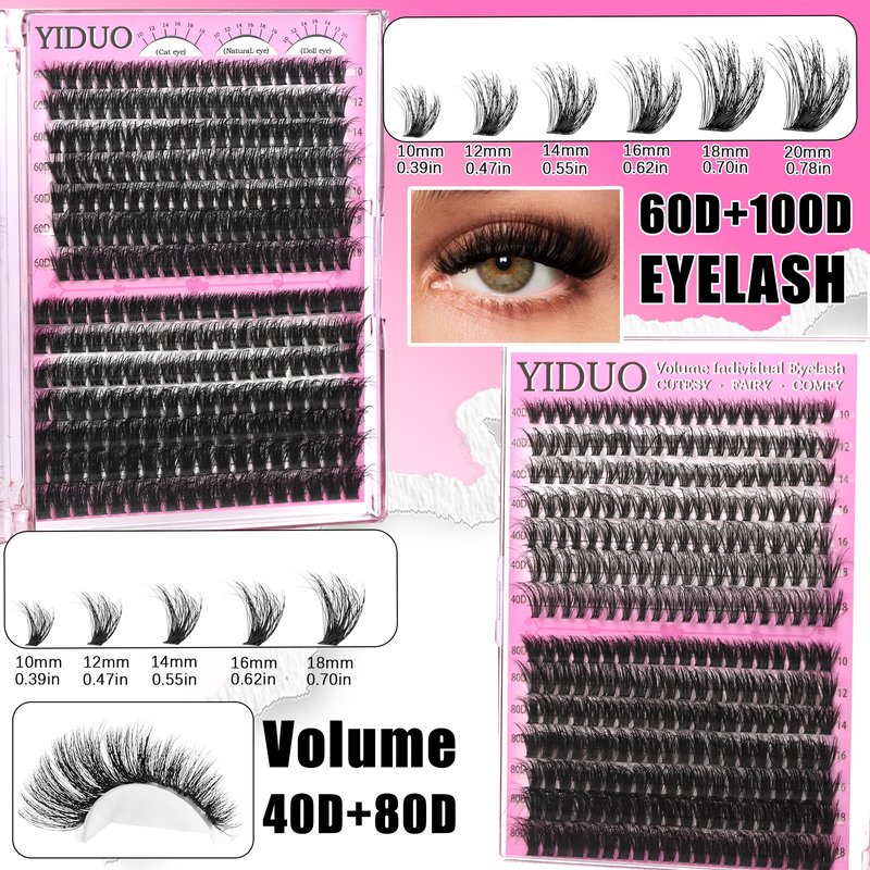 YIDUO Lash Cluster Kit Makeup Bag Set 1686pcs 40D+50D+60D+80D+100+Spikes+Bottom Full Eyelash Cluster Kit Volume Wispy DIY Lashes Extensions 10-20mm D Curl False Eyelash with 2X Bond&Seal DlY at Home