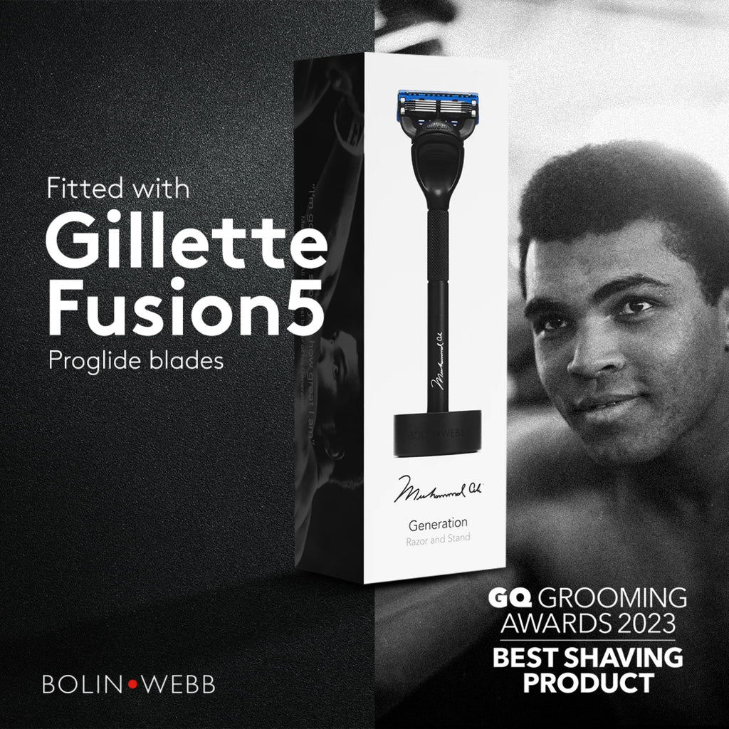 Bolin Webb Generation Razor & Stand - Luxury Razors for Men with Gillette Fusion 5 Blades, Premium Aluminum Shaving Razor for Smooth, Comfortable Shave, Men's Grooming Set (Muhammad Ali, Black)