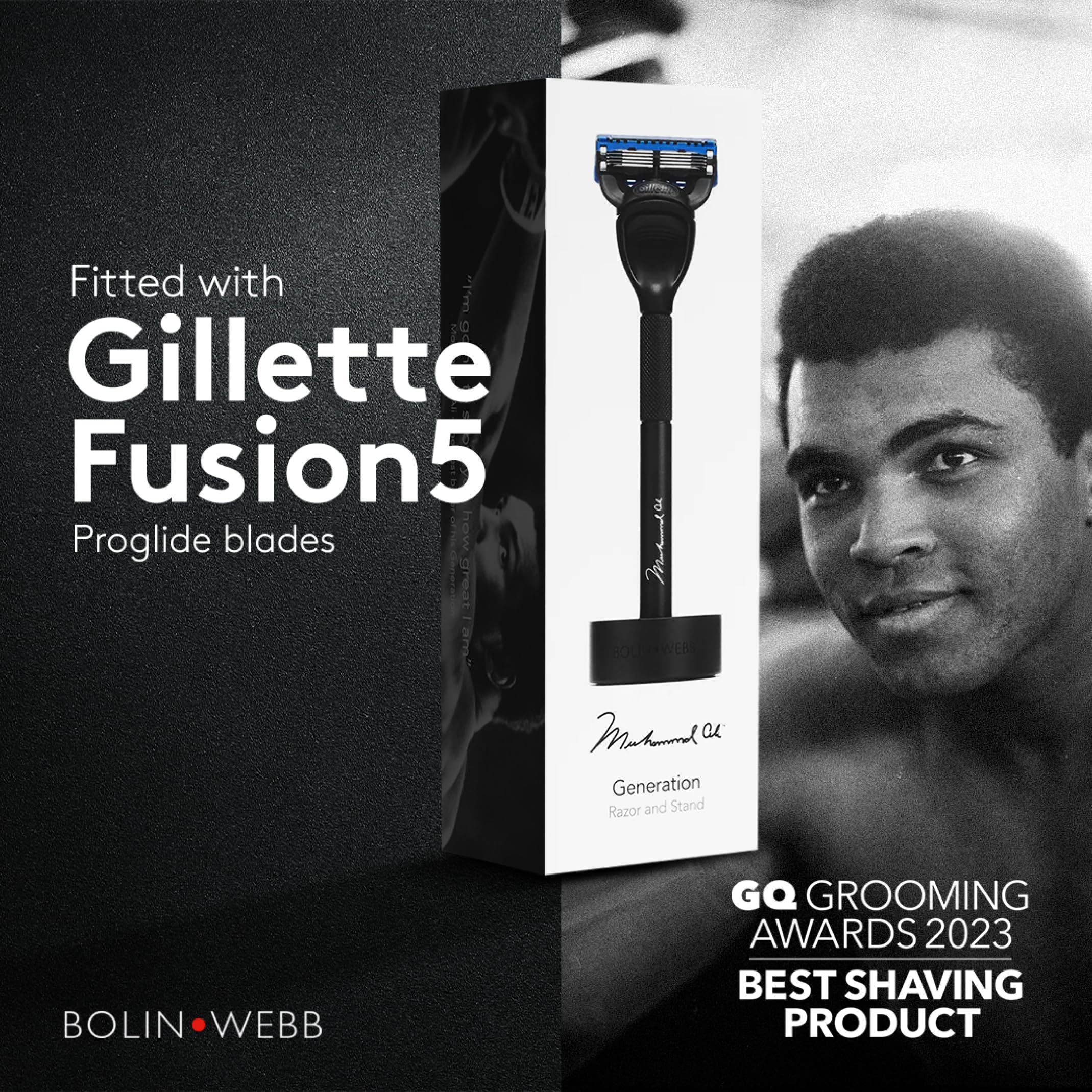 Bolin Webb Generation Razor & Stand - Luxury Razors for Men with Gillette Fusion 5 Blades, Premium Aluminum Shaving Razor for Smooth, Comfortable Shave, Men's Grooming Set (Muhammad Ali, Black)