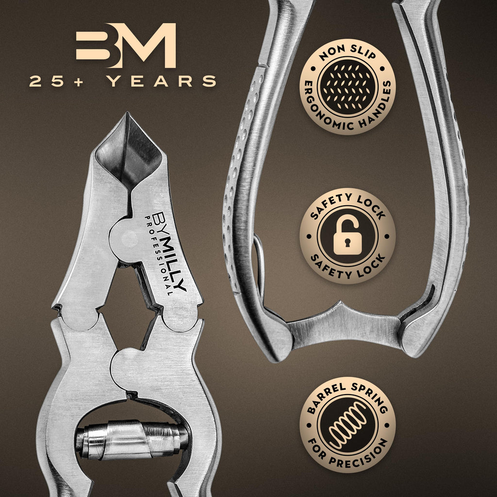 By MILLY Heavy Duty Toenail Clippers for Thick Toenails, Double Hinge Clippers for Hard and Ingrown Toenails, Curved Blade, High Carbon Stainless Steel, Safety Lock (Matte Silver)
