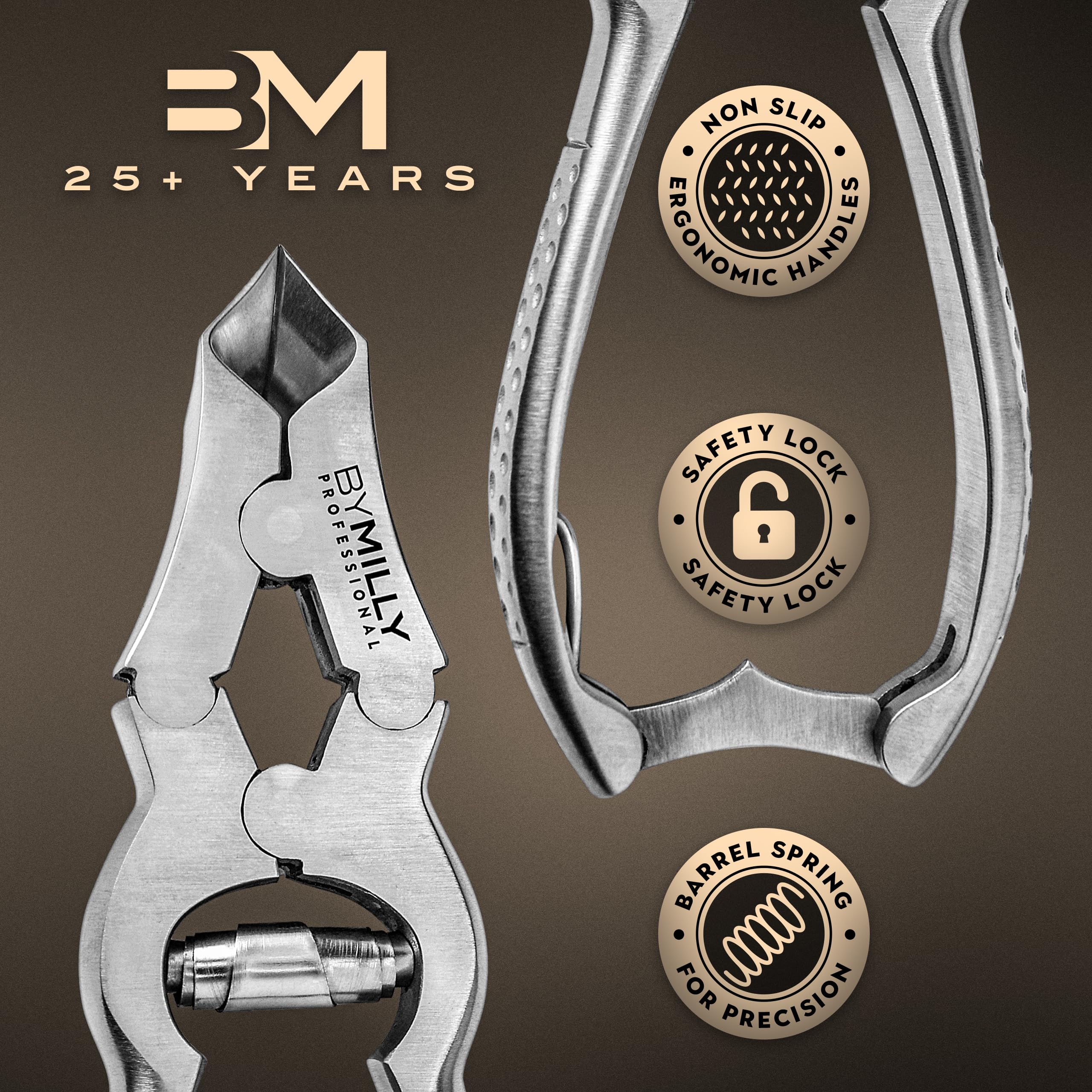 By MILLY Heavy Duty Toenail Clippers for Thick Toenails, Double Hinge Clippers for Hard and Ingrown Toenails, Curved Blade, High Carbon Stainless Steel, Safety Lock (Matte Silver)