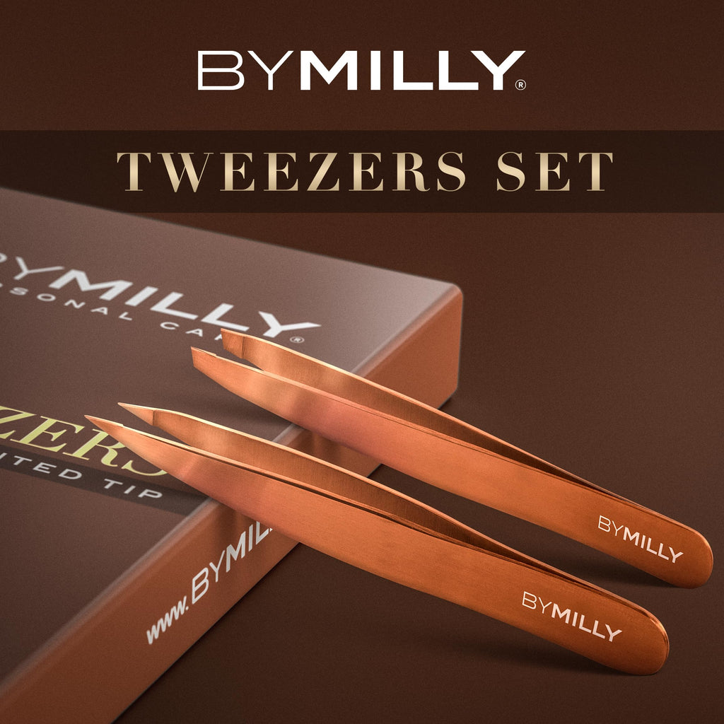 By MILLY Precision Tweezers Set | Titanium Series | Slanted and Pointed Tip Tweezers Kit | Aligned & Hand-Filed Tweezer Set Professional | Hair Removal & Eyebrow Tweezers | Rose Gold