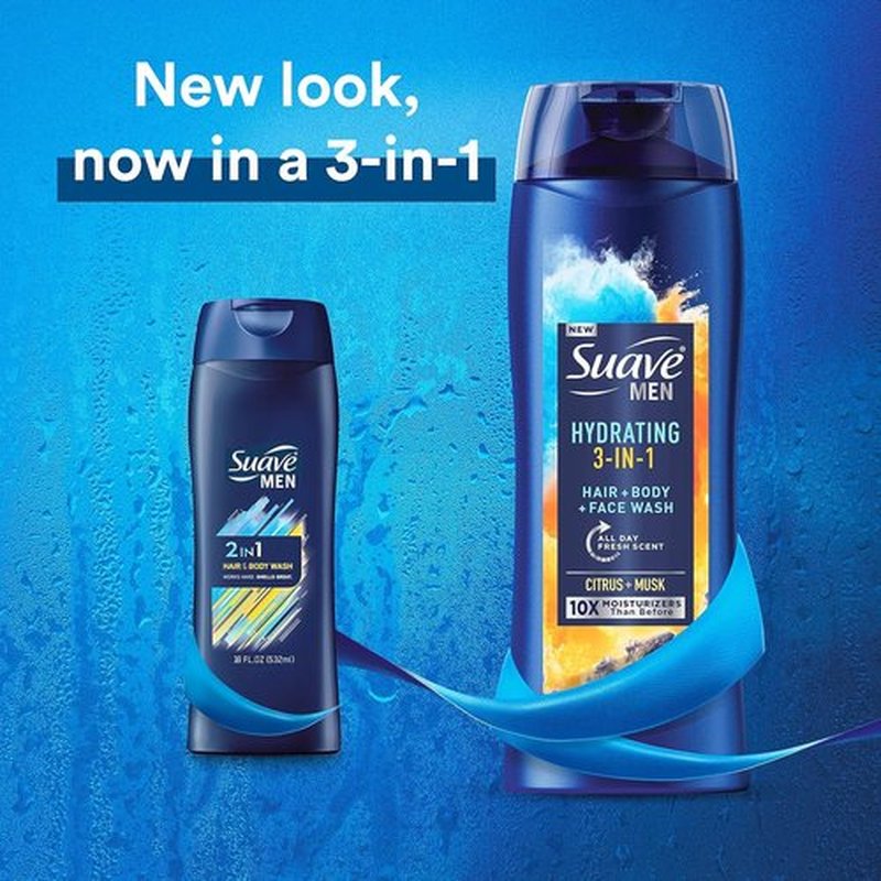 Suave Men 3-in-1 Moisturizing Body, Face & Hair Wash - Hydrating Citrus & Musk Scent | 18 Oz, Pack of 6