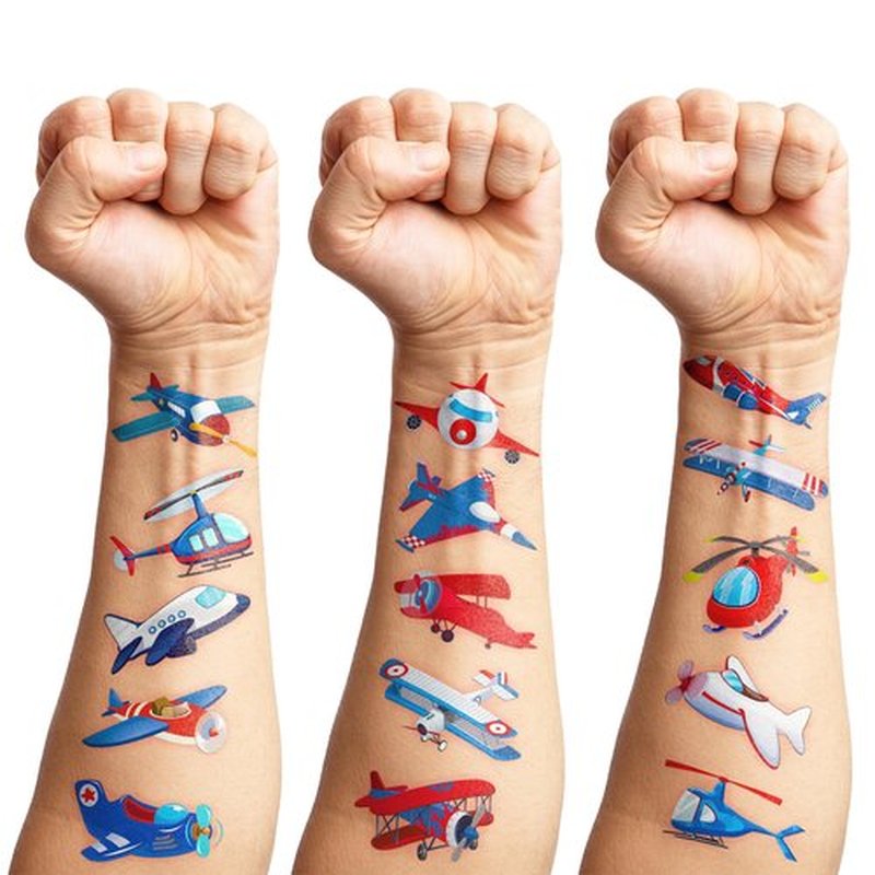 96PCS Airplane Temporary Tattoos Plane Travel Themed Birthday Party Decorations Favors Supplies Cool Jet Helicopter Aircraft Tattoo Stickers Gifts For Kids Boys Girls School Prizes Carnival