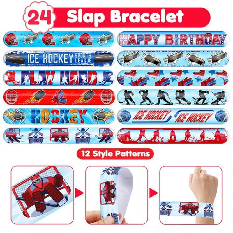 72-Piece Ice Hockey Party Favors Set Temporary Tattoos (48PCS) and Slap Bracelets (24PCS) - Perfect for Themed Birthday Parties, Baby Showers, Classroom Rewards, and Gifts for Kids