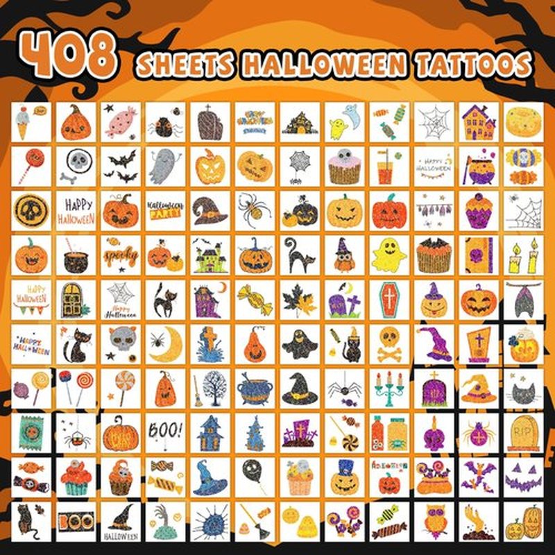 EMOME 408 PCS Glitter Halloween Tattoos for Kids, Cute Temporary Tattoo Stickers for Halloween Birthday Party Decorations, Individual Wrapped Halloween Non-Candy Treats Gifts for Kids Tattoos Bulk