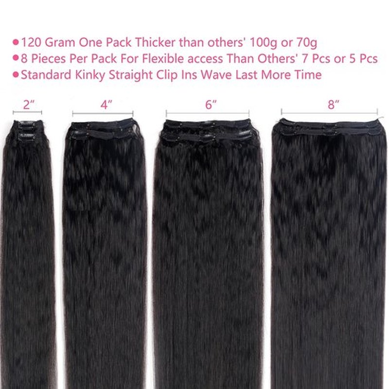 Kinky Straight Clip in Hair Extensions Real Human Hair Clip ins Natural Black Double Weft Clip ins for Women 12 Inch 120g 8pcs Kinky Straight Clip on Extensions Human Hair