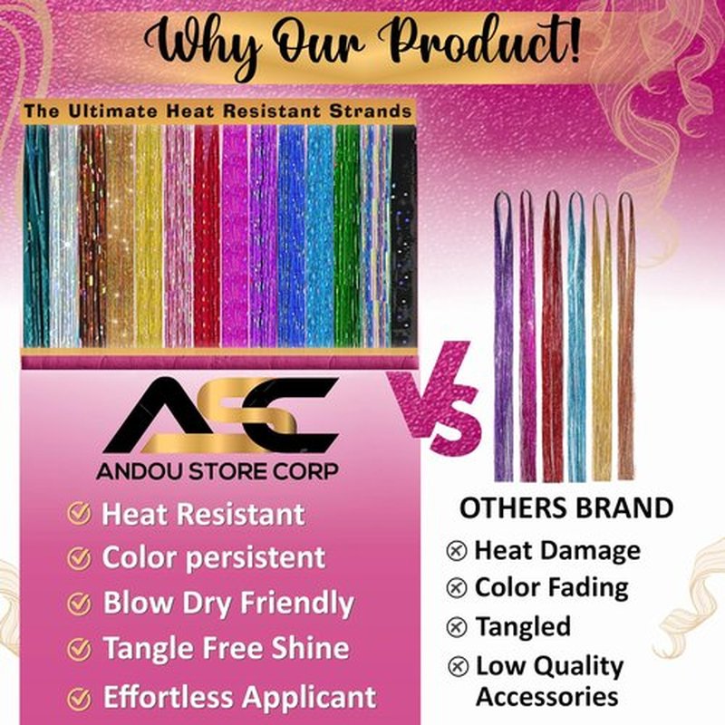 Andou | 14 Colors | Up To 6800 Strands | Heat Resistant Hair Tinsel Kit For Girls, Women & Kids | 48 Inch | One Wooden Threader & Crochet | One Plier | Two Hair Clips | Two Hundred Beads