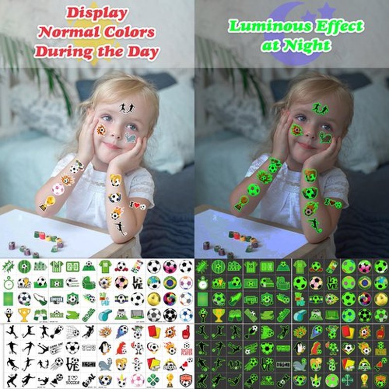 96 PCS Soccer Ball Pre-Cut Luminous Glow in The Dark Temporary Tattoos Themed Birthday Party Decorations Favors Supplies Decor Europa Sports Tattoo Stickers Gifts For Game Boys Girls Class School