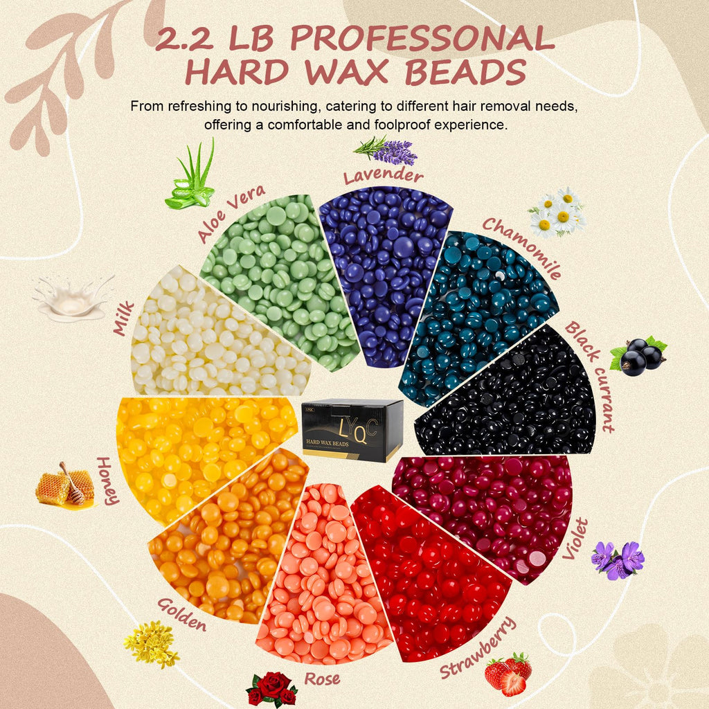 LYQC 2.2lbs Hair Removal Wax Beads, Professional Hard Wax Beads 1000g, with 20 Applicators, Suitable for Full Body, Painless Gentle Wax Bead Hair Removal for Men and Women