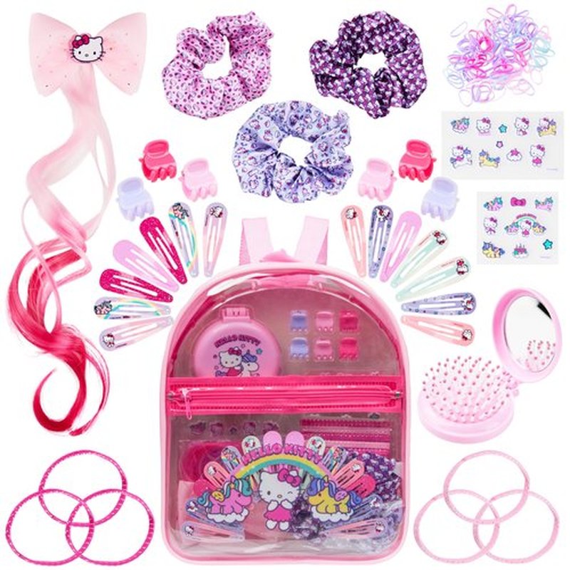 Hello Kitty Sanrio Hair Accessories, Clear Backpack Gifts for Girls, Kawaii Hair Ties, Clips, Stickers, Brush, Scrunchies, Cute Travel Bag (Pink Hello Kitty)