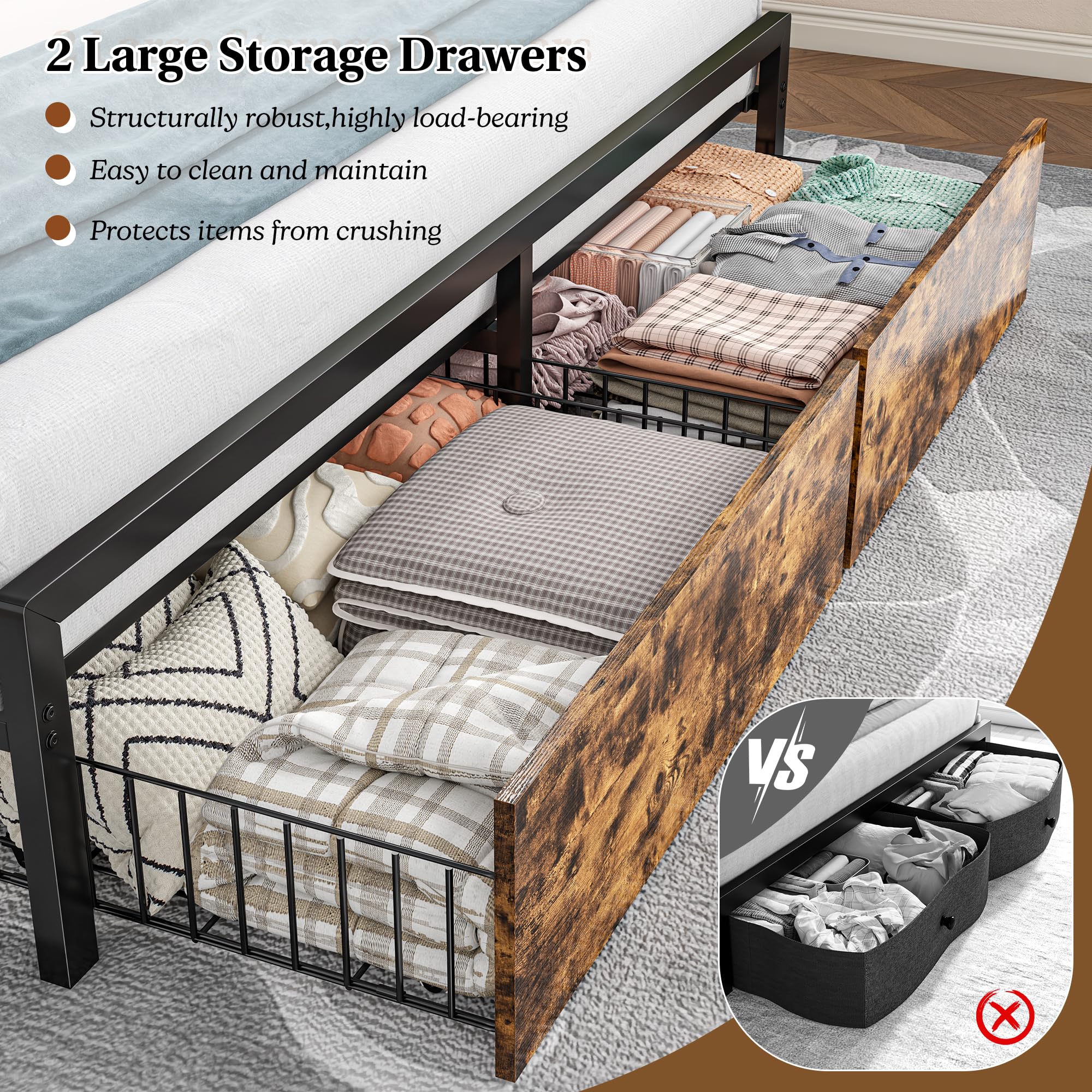 Homkdom Queen Bed Frame with 3-Tier Storage Headboard &2 Drawers,Noise-Free