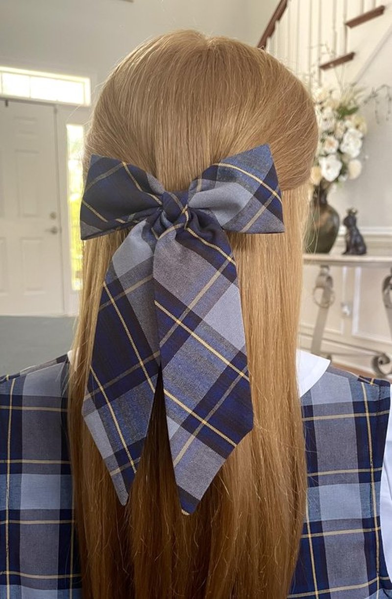 ClassExceed Jumbo Hair Bow for Girls – Extra Large 5"x8" with Long Tail & Secure French Barrette – Durable Yarn-Dyed Fabric – Elegant Back to School Accessory (Classic Navy Plaid- Blue Gold Gray #57)