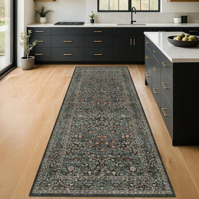 Skiennix Non-Slip Kitchen Runner Rug - Washable Dark Green Boho Floral Design | 2x6 Feet Soft Carpet