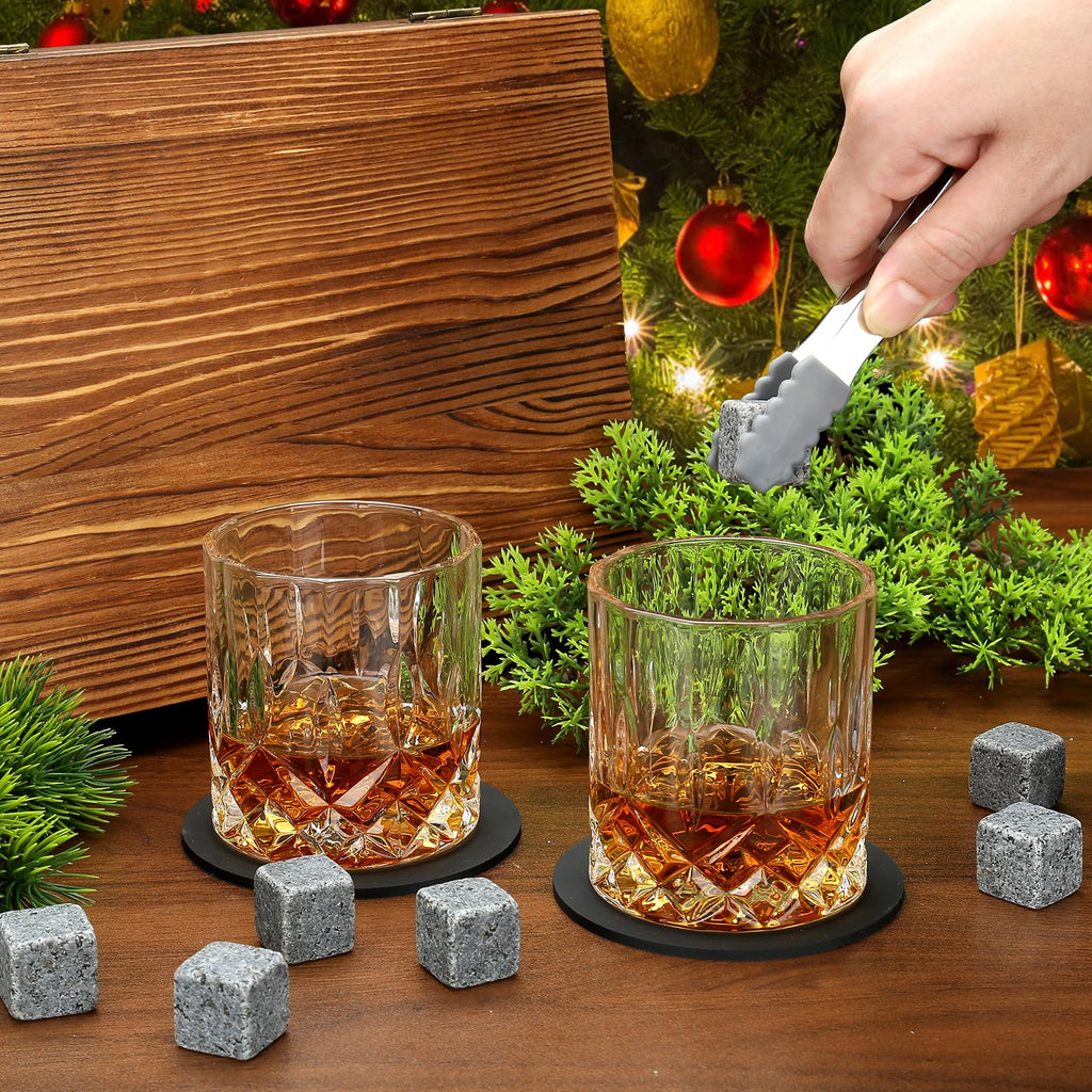 Sovyime Whiskey Stones Gifts for Men, Groomsmen Gifts, Granite Chilling Stones Bourbon Whiskey Glasses Set, Unique Birthday Gifts for Men Christmas Father's Day Valentine Retirement, 300ml