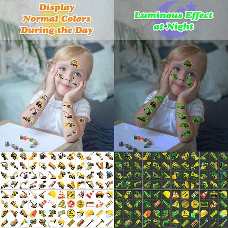 96 PCS Construction Car Truck Pre-Cut Luminous Glow in the dark Temporary Tattoos for Kids | Super Cute Themed Birthday Party Favors, Supplies, Decorations, Fake Tattoo Stickers Gifts for Boys Girls